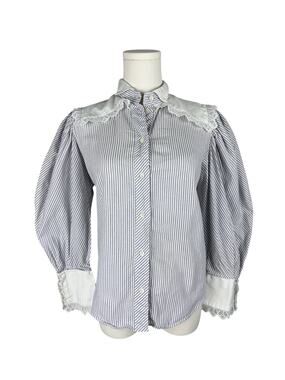Vintage 80s Preppy Collared Puff Sleeve Lace Trim Grey Striped Button Front Top
